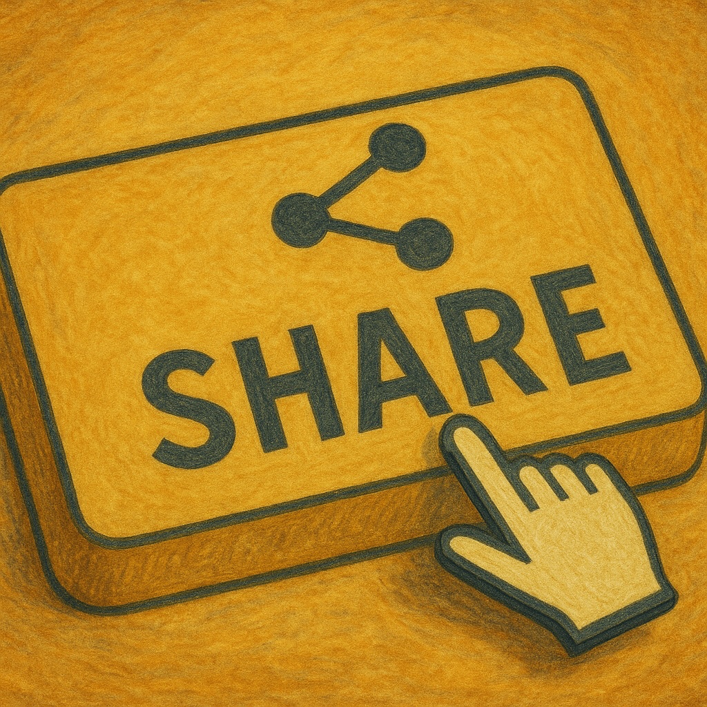 Vintage-style illustration of a large 'SHARE' button with a classic share icon and mouse cursor hovering over it